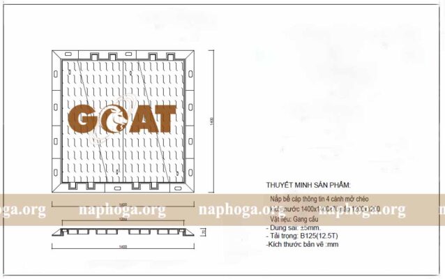 Bản vẽ nắp bể cáp gang 4 cánh mở chéo